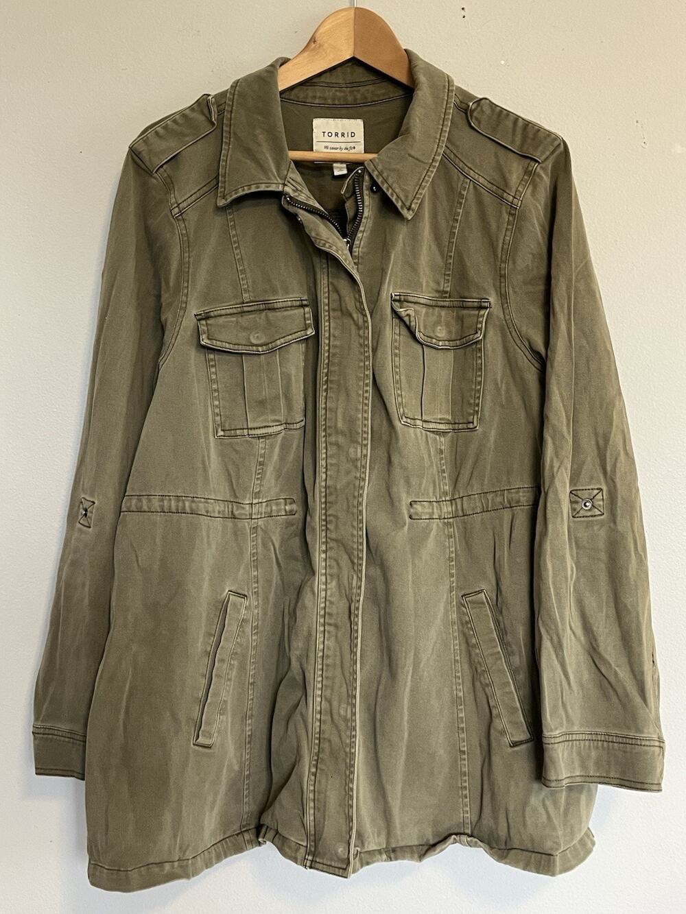 Torrid Utility Jacket Size 2X Olive Green Military Field Cotton Roll Tab Sleeve